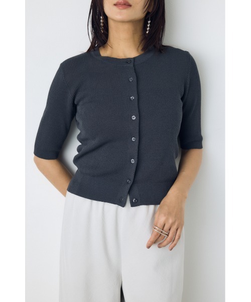 AZUL by moussy(アズールバイマウジー)の「【身長別着用画像あり】シアーリブ5分袖カーディガン 春服 夏服 秋服 シアートップス 冷房対策(カーディガン/ボレロ・レディース・ライトブラック/レッド/オフホワイト/杢グレー・SMALL/MEDIUM)」の15枚目の写真