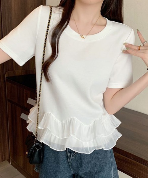 mielu(ミエル)の「シアーフリルドッキングTシャツ(Tシャツ/カットソー・レディース・ホワイト/ブラック・LARGE/MEDIUM)」の1枚目の写真