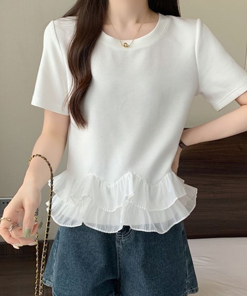 mielu(ミエル)の「シアーフリルドッキングTシャツ(Tシャツ/カットソー・レディース・ホワイト/ブラック・LARGE/MEDIUM)」の3枚目の写真