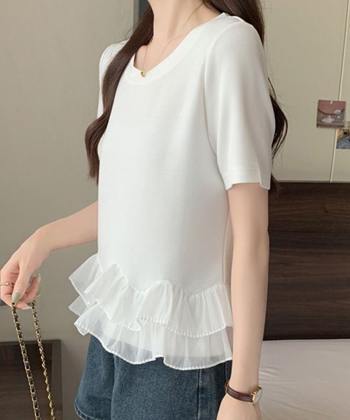 mielu(ミエル)の「シアーフリルドッキングTシャツ(Tシャツ/カットソー・レディース・ホワイト/ブラック・LARGE/MEDIUM)」の4枚目の写真