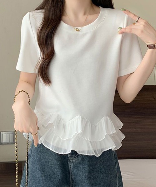 mielu(ミエル)の「シアーフリルドッキングTシャツ(Tシャツ/カットソー・レディース・ホワイト/ブラック・LARGE/MEDIUM)」の5枚目の写真