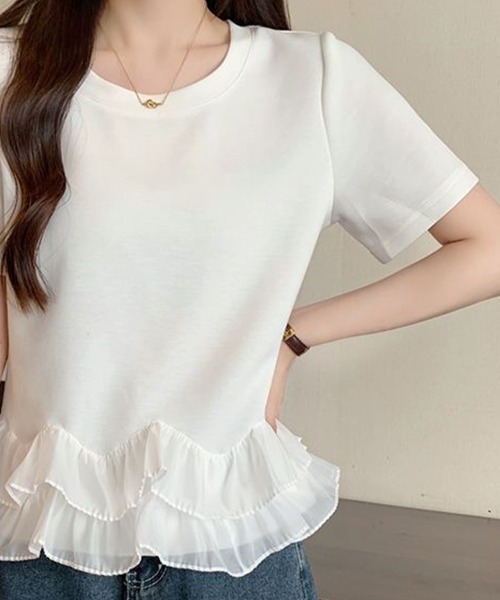 mielu(ミエル)の「シアーフリルドッキングTシャツ(Tシャツ/カットソー・レディース・ホワイト/ブラック・LARGE/MEDIUM)」の6枚目の写真