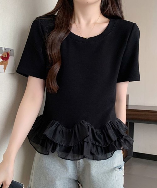 mielu(ミエル)の「シアーフリルドッキングTシャツ(Tシャツ/カットソー・レディース・ホワイト/ブラック・LARGE/MEDIUM)」の7枚目の写真