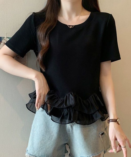 mielu(ミエル)の「シアーフリルドッキングTシャツ(Tシャツ/カットソー・レディース・ホワイト/ブラック・LARGE/MEDIUM)」の10枚目の写真