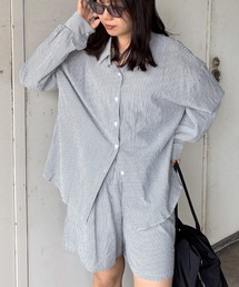 【ISOOK / アイスー】ストライプシャツセットアップ / ワッシャー ストライプパンツ ショートパンツ 上下セット 夏 カジュアル ZOZOTOWN限定
