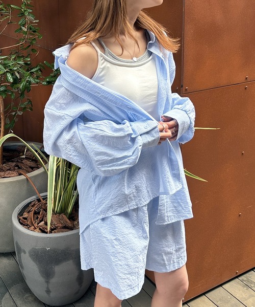 ISOOK(アイスー)の「【ISOOK / アイスー】ストライプシャツセットアップ / ワッシャー ストライプパンツ ショートパンツ 上下セット 夏 カジュアル ZOZOTOWN限定(セットアップ・レディース・ブルー/ネイビー/ピンク/ライトブルー・FREE)」の17枚目の写真