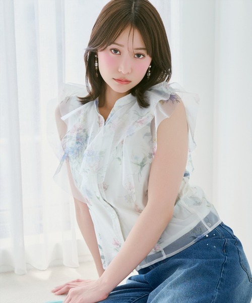 WILLSELECTION（ウィルセレクション）の「フラワーメッシュラッフルブラウス（シャツ/ブラウス・レディース・ネイビー/ピンク/ホワイト/サックスブルー・FREE）」の5枚目の写真