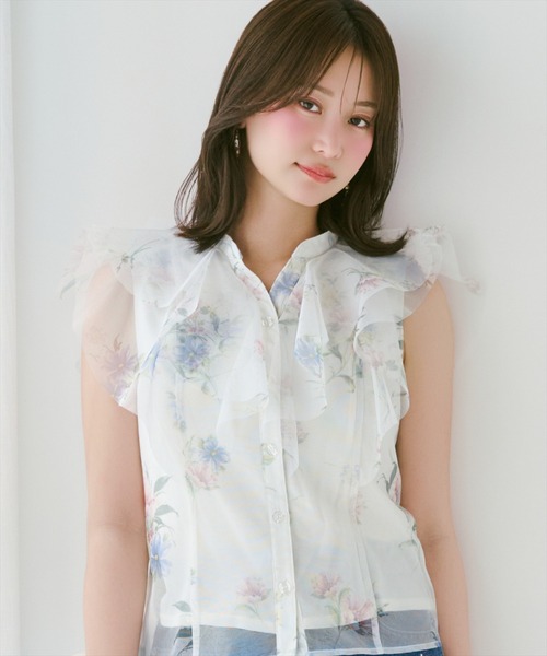 WILLSELECTION（ウィルセレクション）の「フラワーメッシュラッフルブラウス（シャツ/ブラウス・レディース・ネイビー/ピンク/ホワイト/サックスブルー・FREE）」の6枚目の写真