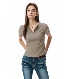 SECONDMONO（セカンドモノローグ）の「Lace-Up Rib Slim Tee [DTBEIGE]_SEWTS035DTBEIGE（Tシャツ/カットソー）」