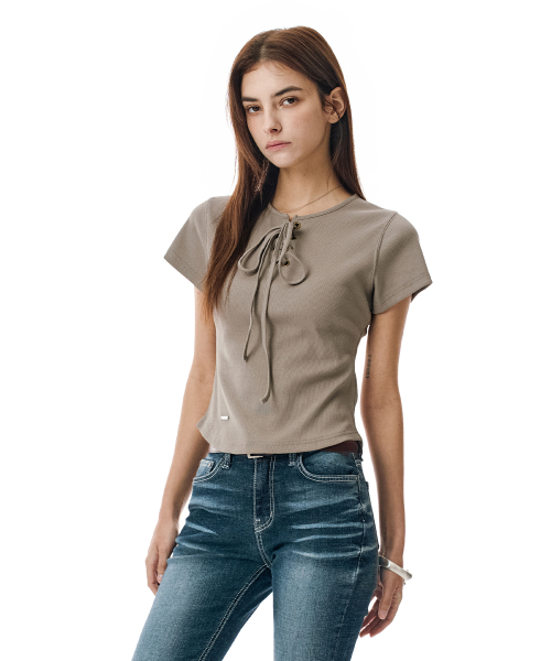 SECONDMONO（セカンドモノローグ）の「Lace-Up Rib Slim Tee [DTBEIGE]_SEWTS035DTBEIGE（Tシャツ/カットソー・レディース・その他・F）」の4枚目の写真