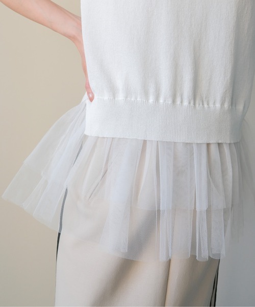 DOLLUPOOPS(ドールアップウップス)の「Tulle Frill Docking Ribbed Knit Top(チュールフリルドッキングトップス)(ニット/セーター・レディース・オフホワイト/ブラック・FREE)」の7枚目の写真