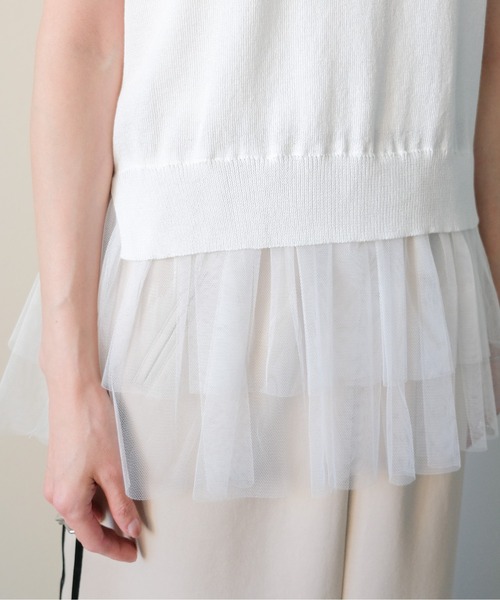 DOLLUPOOPS(ドールアップウップス)の「Tulle Frill Docking Ribbed Knit Top(チュールフリルドッキングトップス)(ニット/セーター・レディース・オフホワイト/ブラック・FREE)」の9枚目の写真