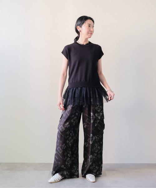 DOLLUPOOPS(ドールアップウップス)の「Tulle Frill Docking Ribbed Knit Top(チュールフリルドッキングトップス)(ニット/セーター・レディース・オフホワイト/ブラック・FREE)」の14枚目の写真