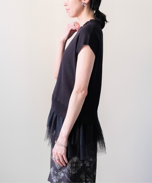 DOLLUPOOPS(ドールアップウップス)の「Tulle Frill Docking Ribbed Knit Top(チュールフリルドッキングトップス)(ニット/セーター・レディース・オフホワイト/ブラック・FREE)」の16枚目の写真
