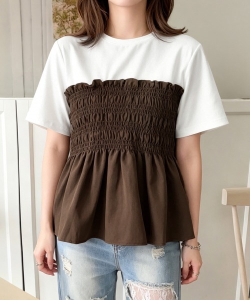 Miniministore(ミニミニストア)の「シャーリングドッキング半袖プルオーバー夏(Tシャツ/カットソー・レディース・ブラック/ブラウン・FREE)」の2枚目の写真