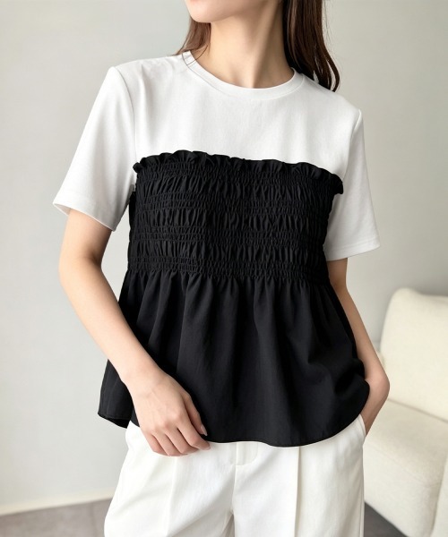 Miniministore(ミニミニストア)の「シャーリングドッキング半袖プルオーバー夏(Tシャツ/カットソー・レディース・ブラック/ブラウン・FREE)」の3枚目の写真