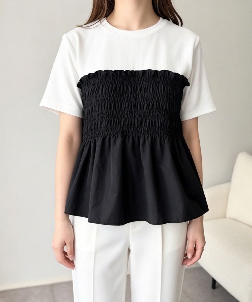 Miniministore(ミニミニストア)の「シャーリングドッキング半袖プルオーバー夏(Tシャツ/カットソー・レディース・ブラック/ブラウン・FREE)」の4枚目の写真