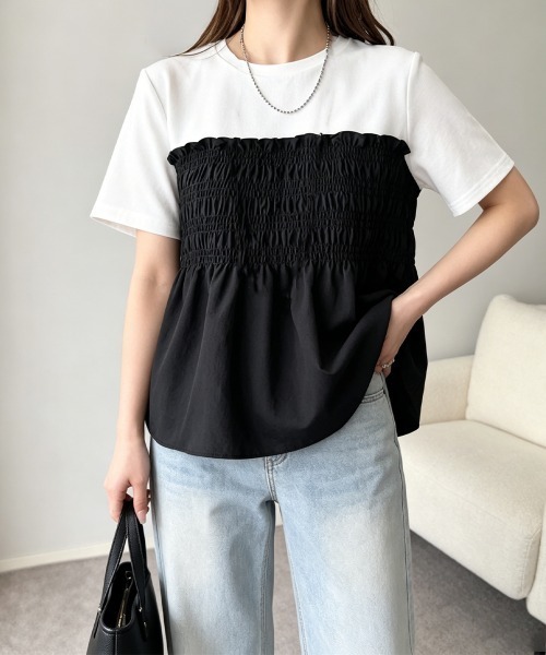 Miniministore(ミニミニストア)の「シャーリングドッキング半袖プルオーバー夏(Tシャツ/カットソー・レディース・ブラック/ブラウン・FREE)」の7枚目の写真