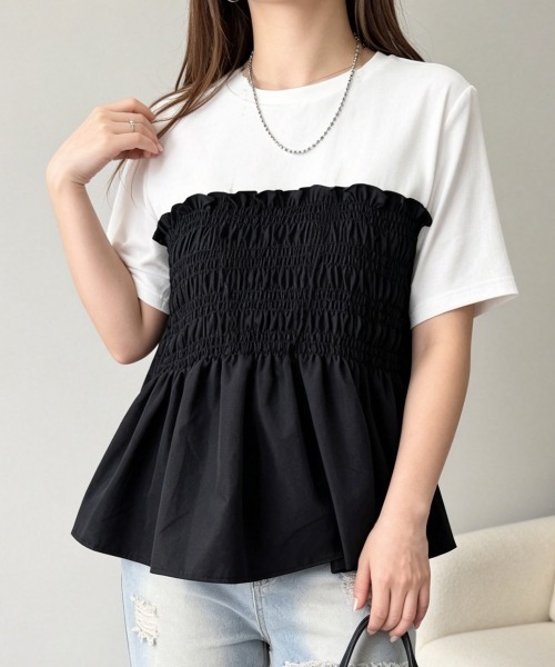 Miniministore(ミニミニストア)の「シャーリングドッキング半袖プルオーバー夏(Tシャツ/カットソー・レディース・ブラック/ブラウン・FREE)」の8枚目の写真