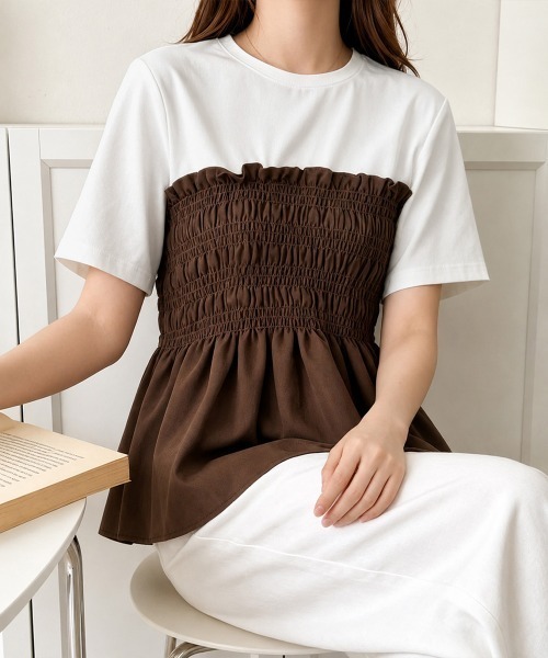 Miniministore(ミニミニストア)の「シャーリングドッキング半袖プルオーバー夏(Tシャツ/カットソー・レディース・ブラック/ブラウン・FREE)」の13枚目の写真