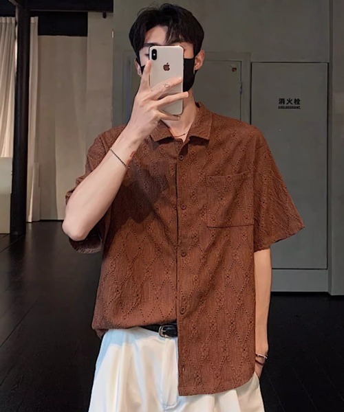 NOWLE（ノウル）の「【NOWLE】ダイヤレース 半袖 オープンカラーシャツ / スマートリラックス サマートップス（シャツ/ブラウス・メンズ・ホワイト/ブラック/ブラウン・MEDIUM/X-LARGE/LARGE）」の3枚目の写真