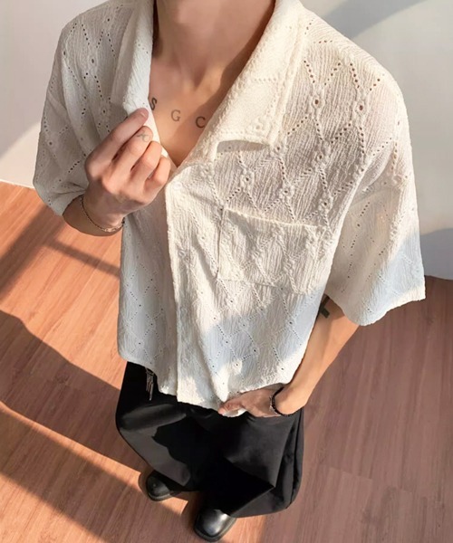 NOWLE（ノウル）の「【NOWLE】ダイヤレース 半袖 オープンカラーシャツ / スマートリラックス サマートップス（シャツ/ブラウス・メンズ・ホワイト/ブラック/ブラウン・MEDIUM/X-LARGE/LARGE）」の6枚目の写真