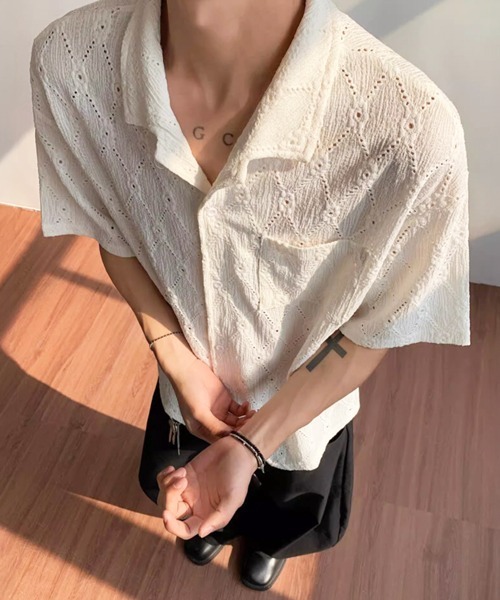 NOWLE（ノウル）の「【NOWLE】ダイヤレース 半袖 オープンカラーシャツ / スマートリラックス サマートップス（シャツ/ブラウス・メンズ・ホワイト/ブラック/ブラウン・MEDIUM/X-LARGE/LARGE）」の8枚目の写真
