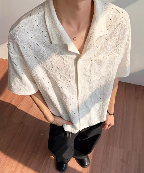 NOWLE（ノウル）の「【NOWLE】ダイヤレース 半袖 オープンカラーシャツ / スマートリラックス サマートップス（シャツ/ブラウス・メンズ・ホワイト/ブラック/ブラウン・MEDIUM/X-LARGE/LARGE）」の9枚目の写真