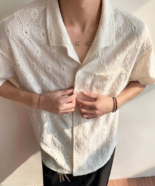 NOWLE（ノウル）の「【NOWLE】ダイヤレース 半袖 オープンカラーシャツ / スマートリラックス サマートップス（シャツ/ブラウス・メンズ・ホワイト/ブラック/ブラウン・MEDIUM/X-LARGE/LARGE）」の4枚目の写真