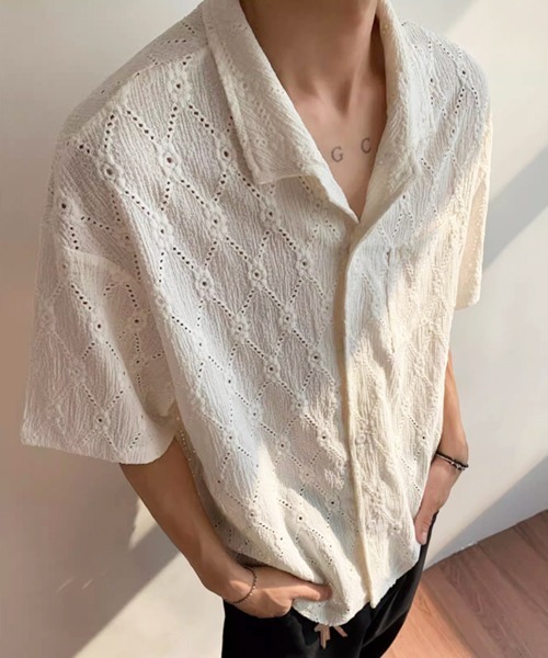 NOWLE（ノウル）の「【NOWLE】ダイヤレース 半袖 オープンカラーシャツ / スマートリラックス サマートップス（シャツ/ブラウス・メンズ・ホワイト/ブラック/ブラウン・MEDIUM/X-LARGE/LARGE）」の5枚目の写真