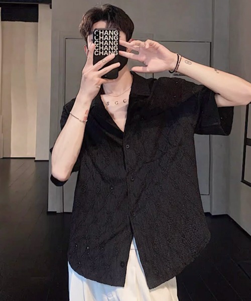 NOWLE（ノウル）の「【NOWLE】ダイヤレース 半袖 オープンカラーシャツ / スマートリラックス サマートップス（シャツ/ブラウス・メンズ・ホワイト/ブラック/ブラウン・MEDIUM/X-LARGE/LARGE）」の14枚目の写真