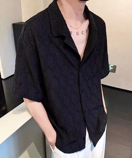 NOWLE（ノウル）の「【NOWLE】ダイヤレース 半袖 オープンカラーシャツ / スマートリラックス サマートップス（シャツ/ブラウス・メンズ・ホワイト/ブラック/ブラウン・MEDIUM/X-LARGE/LARGE）」の18枚目の写真