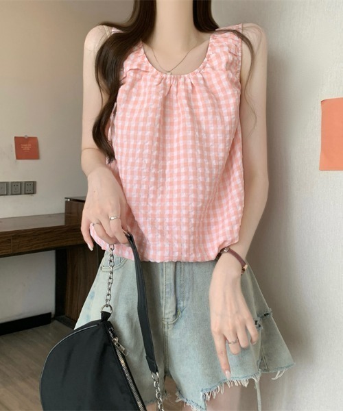 LUCPY（ラクピー）の「ギンガムチェックギャザーノースリーブブラウス（シャツ/ブラウス・レディース・グレー/ピンク/ブルー・FREE）」の3枚目の写真