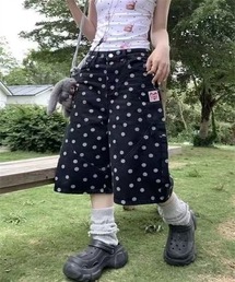 ドット柄7分丈デニムハーフワイドパンツ