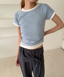 配色 サイド シャーリング レイヤード 半袖 Tシャツ