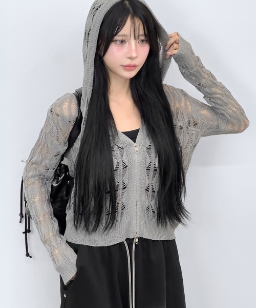 FOLLOWIN（フォロウィン）の「ストリート透かし編みニットダブルジップフーディー（カーディガン/ボレロ・レディース・グレー・FREE）」の15枚目の写真