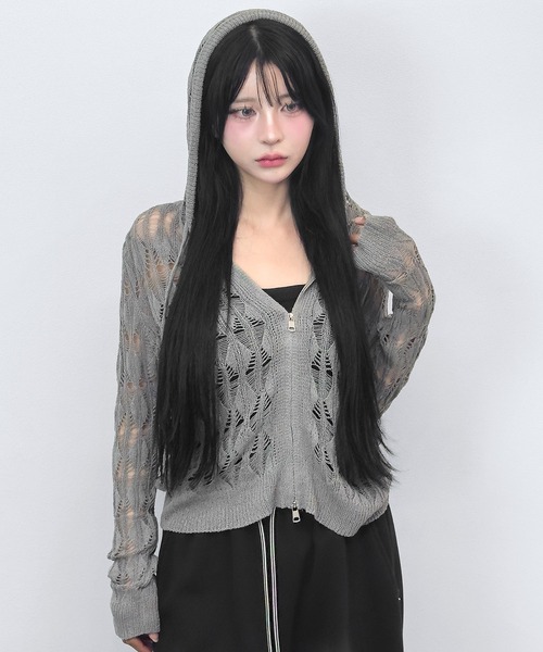 FOLLOWIN（フォロウィン）の「ストリート透かし編みニットダブルジップフーディー（カーディガン/ボレロ・レディース・グレー・FREE）」の16枚目の写真