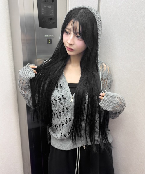 FOLLOWIN（フォロウィン）の「ストリート透かし編みニットダブルジップフーディー（カーディガン/ボレロ・レディース・グレー・FREE）」の17枚目の写真
