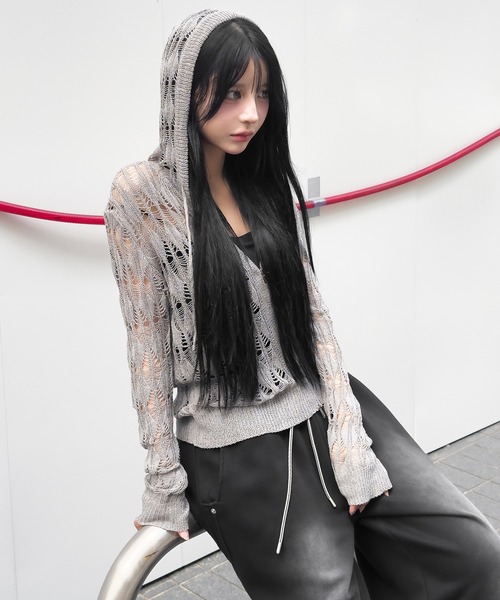 FOLLOWIN（フォロウィン）の「ストリート透かし編みニットダブルジップフーディー（カーディガン/ボレロ・レディース・グレー・FREE）」の20枚目の写真