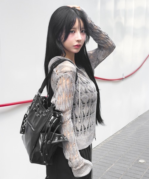 FOLLOWIN（フォロウィン）の「ストリート透かし編みニットダブルジップフーディー（カーディガン/ボレロ・レディース・グレー・FREE）」の9枚目の写真