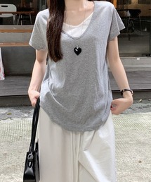 フェイクツーピースラウンドVネックTシャツ
