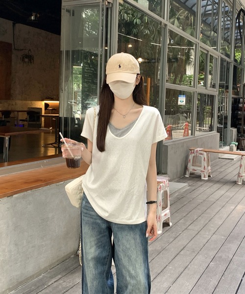Girly Doll（ガーリードール）の「フェイクツーピースラウンドVネックTシャツ（Tシャツ/カットソー・レディース・ホワイト/グレー・FREE）」の5枚目の写真