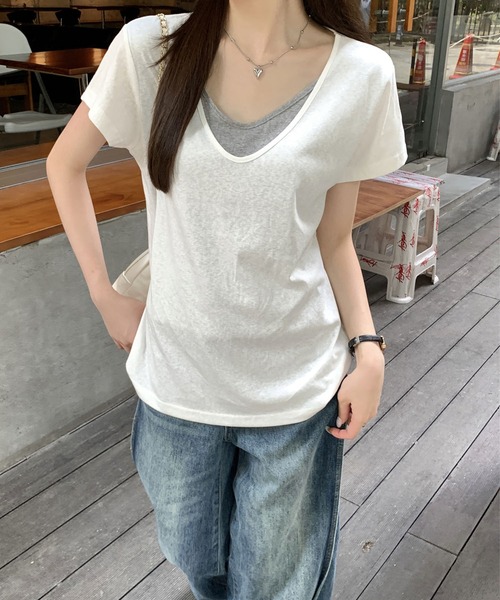 Girly Doll（ガーリードール）の「フェイクツーピースラウンドVネックTシャツ（Tシャツ/カットソー・レディース・ホワイト/グレー・FREE）」の6枚目の写真