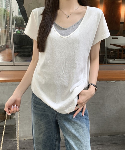 Girly Doll（ガーリードール）の「フェイクツーピースラウンドVネックTシャツ（Tシャツ/カットソー・レディース・ホワイト/グレー・FREE）」の7枚目の写真