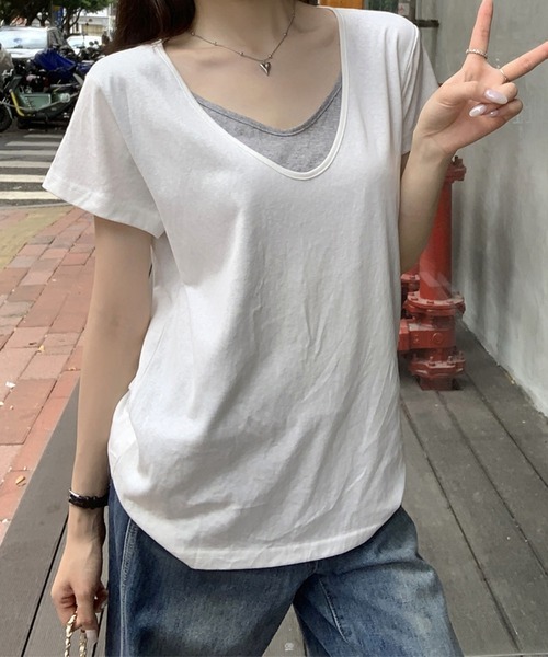 Girly Doll（ガーリードール）の「フェイクツーピースラウンドVネックTシャツ（Tシャツ/カットソー・レディース・ホワイト/グレー・FREE）」の10枚目の写真
