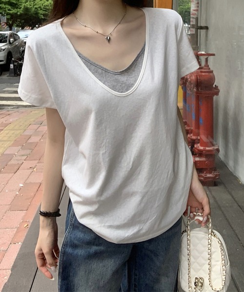 Girly Doll（ガーリードール）の「フェイクツーピースラウンドVネックTシャツ（Tシャツ/カットソー・レディース・ホワイト/グレー・FREE）」の11枚目の写真