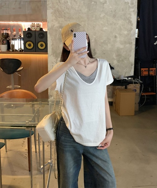 Girly Doll（ガーリードール）の「フェイクツーピースラウンドVネックTシャツ（Tシャツ/カットソー・レディース・ホワイト/グレー・FREE）」の15枚目の写真