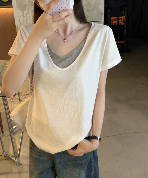 Girly Doll（ガーリードール）の「フェイクツーピースラウンドVネックTシャツ（Tシャツ/カットソー・レディース・ホワイト/グレー・FREE）」の16枚目の写真