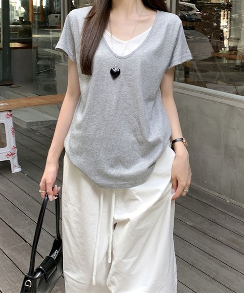 Girly Doll（ガーリードール）の「フェイクツーピースラウンドVネックTシャツ（Tシャツ/カットソー・レディース・ホワイト/グレー・FREE）」の17枚目の写真