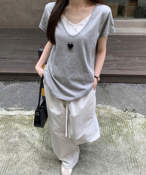 Girly Doll（ガーリードール）の「フェイクツーピースラウンドVネックTシャツ（Tシャツ/カットソー・レディース・ホワイト/グレー・FREE）」の19枚目の写真